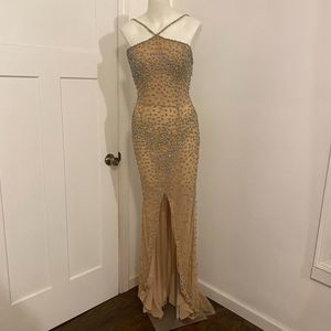 Jovani size 6 Gold Blue Embellished Beaded High Neck Open Back Formal Prom Dress